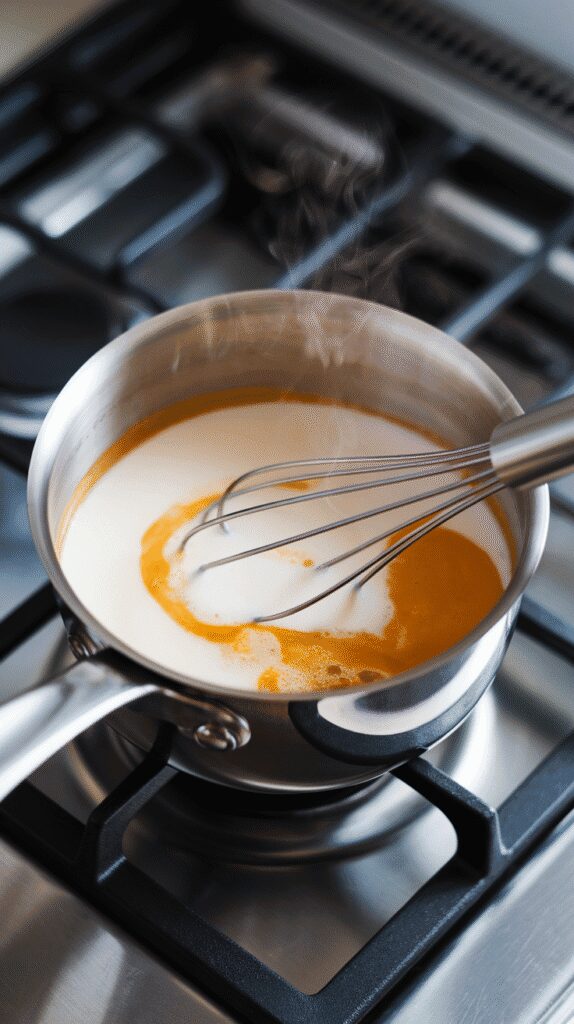 milk blending into the pumpkin-maple mixture in the saucepan, forming a creamy, light orange drink, gentle steam starting to rise, whisk frothing the surface slightly, set on a modern stainless steel gas stove