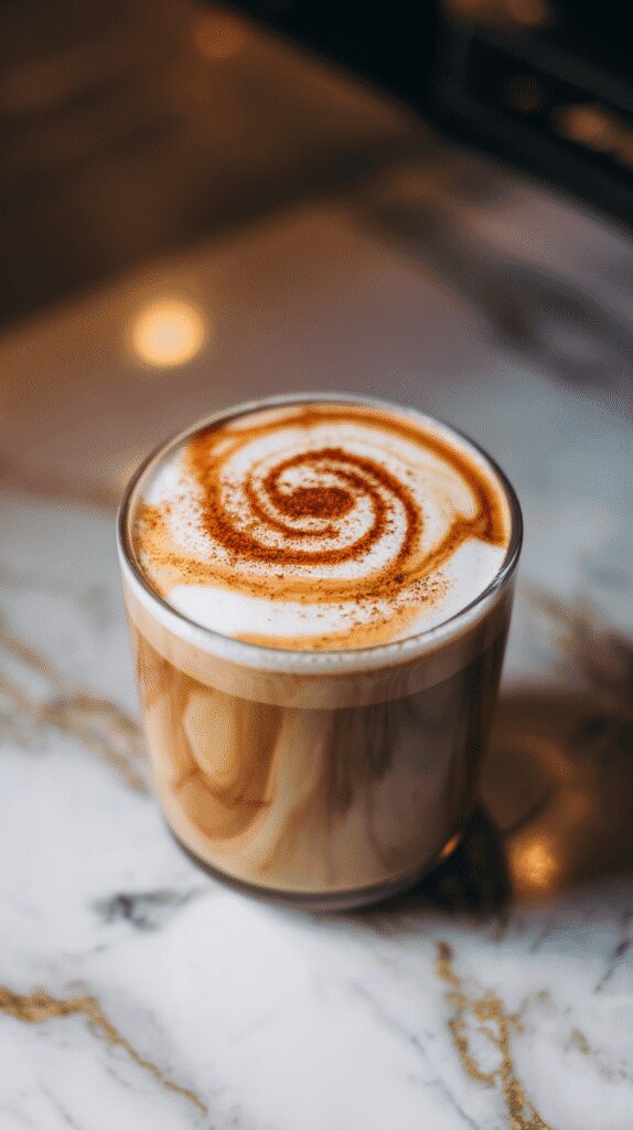  a small glass filled with Pumpkin Maple Cortado, rich espresso base with a swirl of creamy pumpkin-spiced milk on top, soft foam and a light dusting of cinnamon, warm brown and orange tones