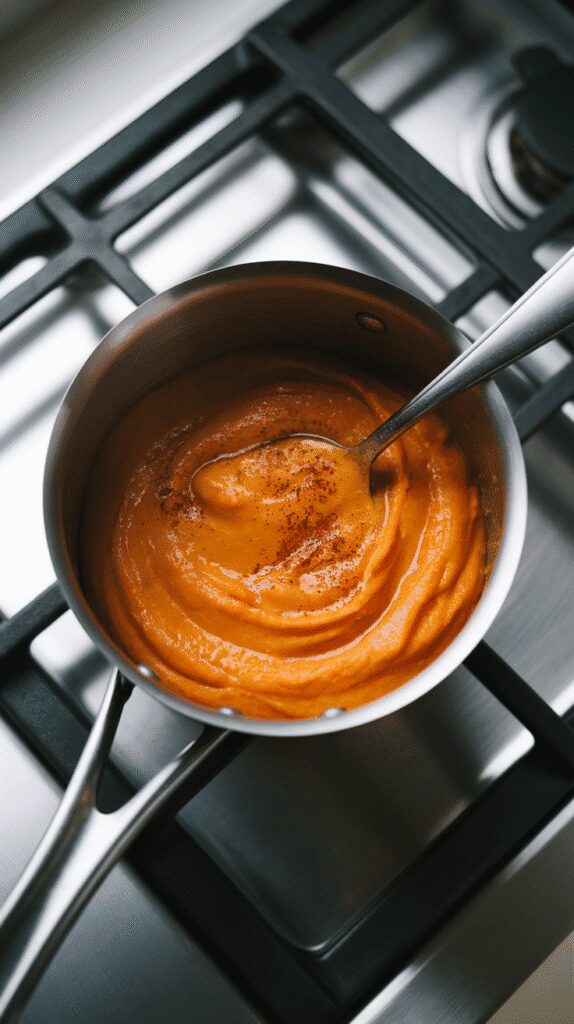  pumpkin purée, maple syrup, cinnamon, nutmeg, and vanilla extract combined in a small saucepan, forming a thick golden-orange paste, spoon resting inside, set on a modern stainless steel gas stove