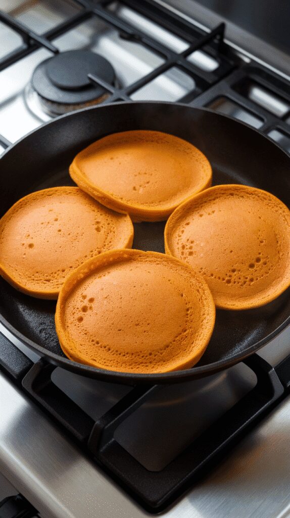 pumpkin pancakes with chocolate chips cooking in a skillet, bubbles forming on the surface, golden edges showing, 