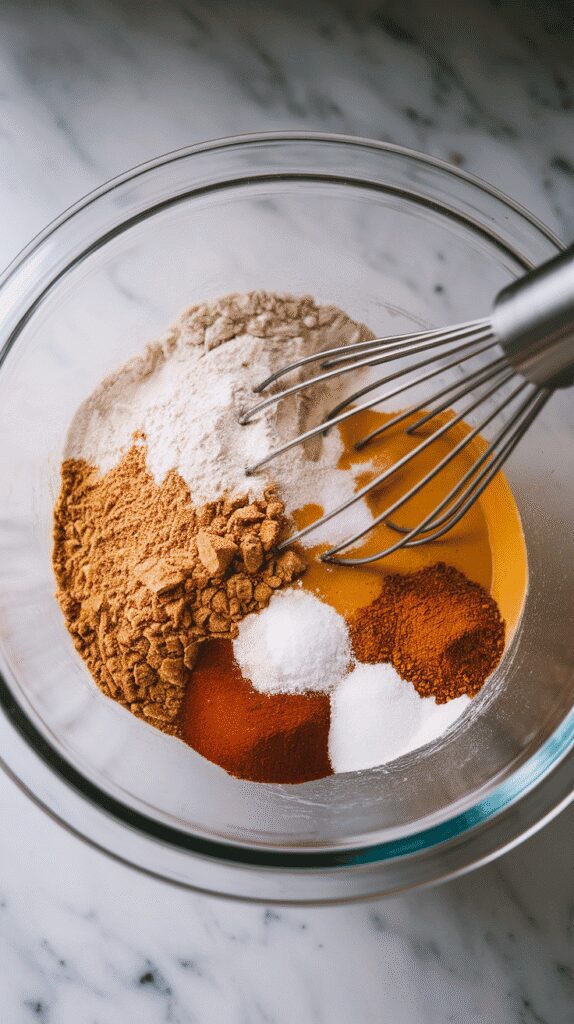 flour, brown sugar, baking powder, baking soda, salt, cinnamon, and pumpkin pie spice being whisked together in a glass mixing bowl