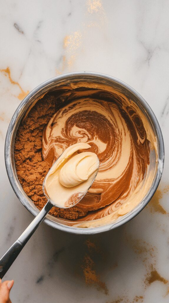 softened butter, brown sugar, and cinnamon being mixed together with a spoon into a creamy swirl