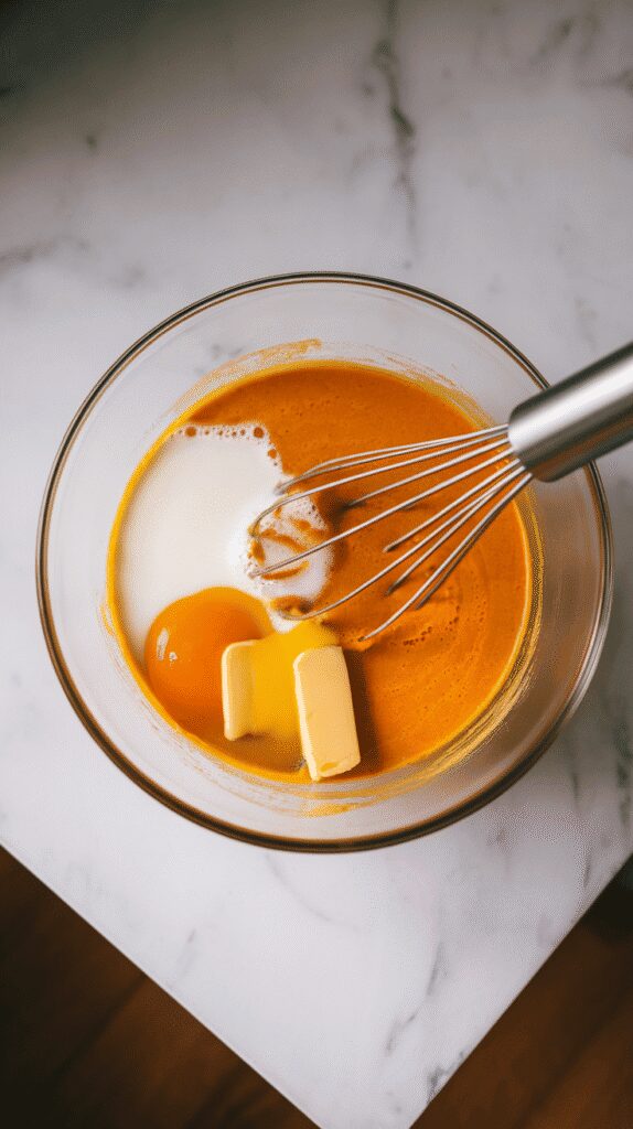 pumpkin puree, milk, egg, and melted butter being whisked into a creamy orange liquid in a glass bowl