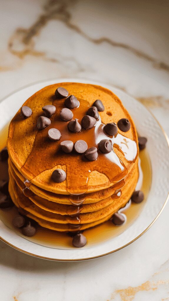 a stack of pumpkin pancakes with melting cinnamon butter and chocolate chips, syrup dripping down the sides, on a white plate,