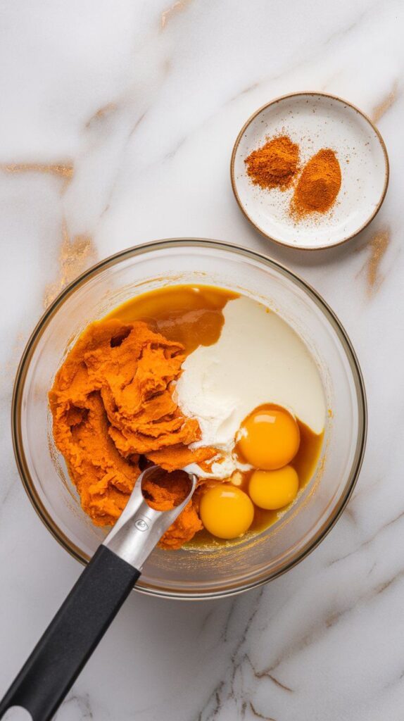 a mixing bowl containing bright orange pumpkin purée, creamy sweetened condensed milk, cracked eggs, vanilla extract on a small white plate, and pumpkin pie spice sprinkled in