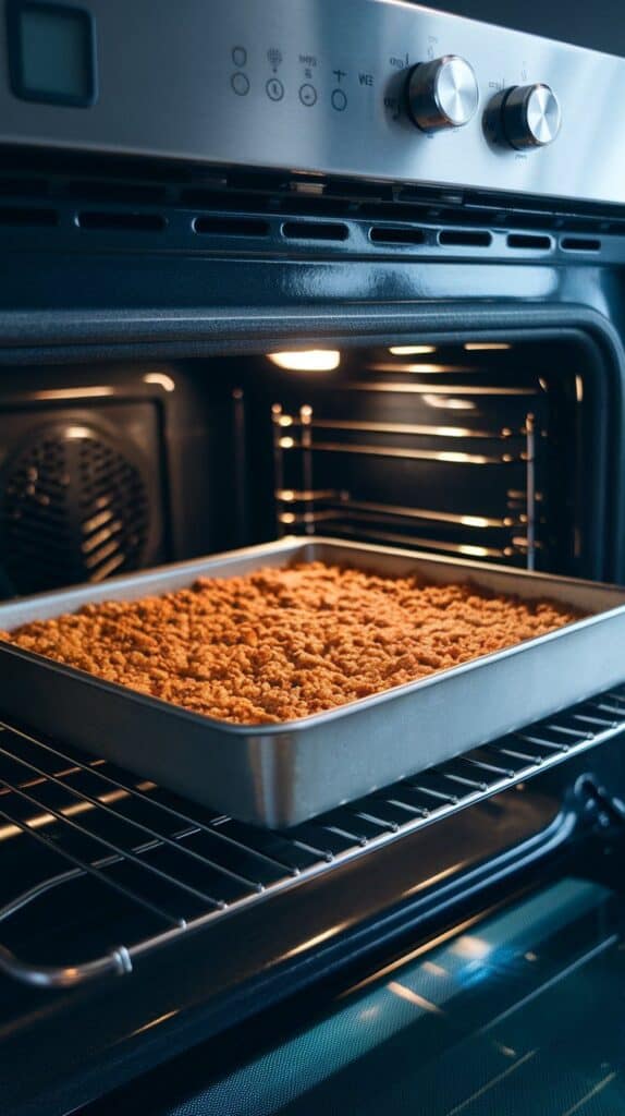 a rectangular baking pan inside a modern stainless steel oven, with pumpkin pie crumble bars baking to a golden top