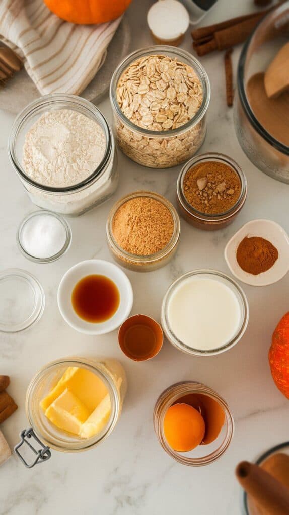 small glass jars filled with all-purpose flour, old-fashioned oats, light brown sugar, ground cinnamon, ground nutmeg, and salt, a small glass jar with melted unsalted butter, a small glass jar with pumpkin purée, a small glass jar with sweetened condensed milk, a small glass jar holding two cracked eggs and a separate yolk, a small white plate with vanilla extract, and a small glass jar with pumpkin pie spice