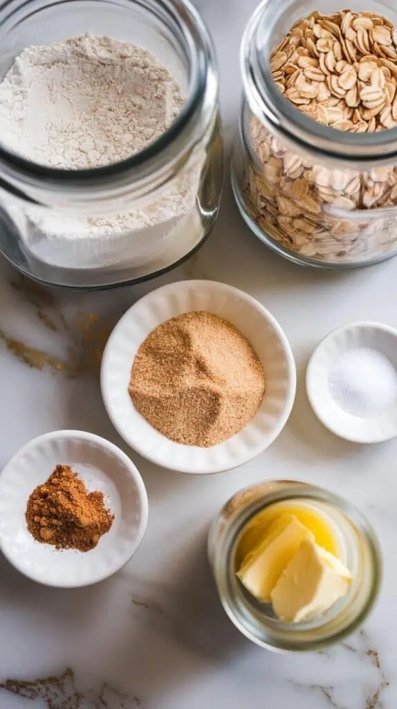 a small glass jar filled with all-purpose flour, a small glass jar of old-fashioned oats, a small white plate with packed brown sugar, a small white plate with ground cinnamon and nutmeg, a small white plate with salt, and a small glass jar with melted butter
