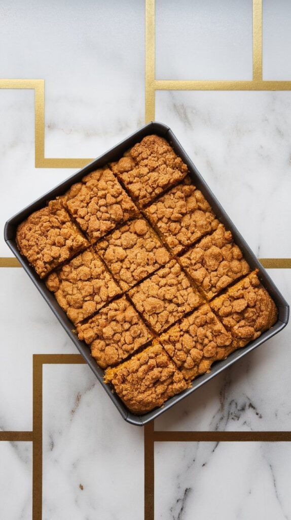 a cooled pan of pumpkin pie crumble bars cut into neat squares, some pieces stacked slightly