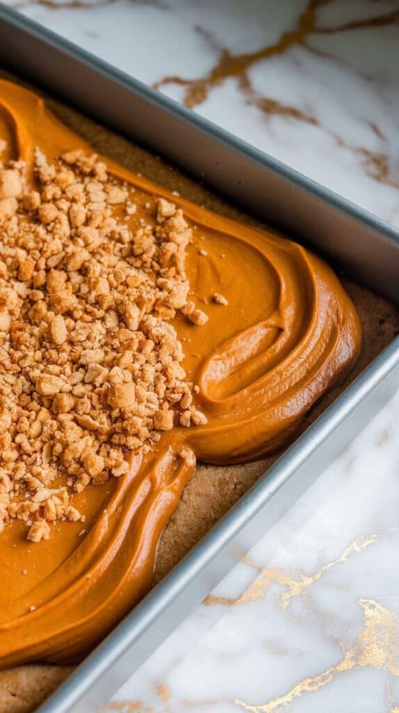  a baking pan with smooth pumpkin filling spread over the crust, with golden crumble mixture being sprinkled over the surface,