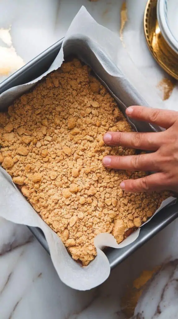 a parchment-lined rectangular baking pan on white marble counters with hints of gold, with a layer of crumble mixture being pressed down with fingertips