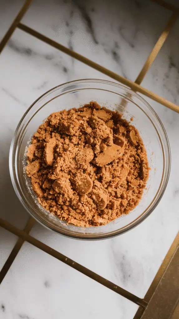crushed gingersnap cookies, granulated sugar, and melted butter mixed into a golden, sandy texture in a glass bowl. The mixture is evenly coated and crumbly. white marble counters with hints of gold