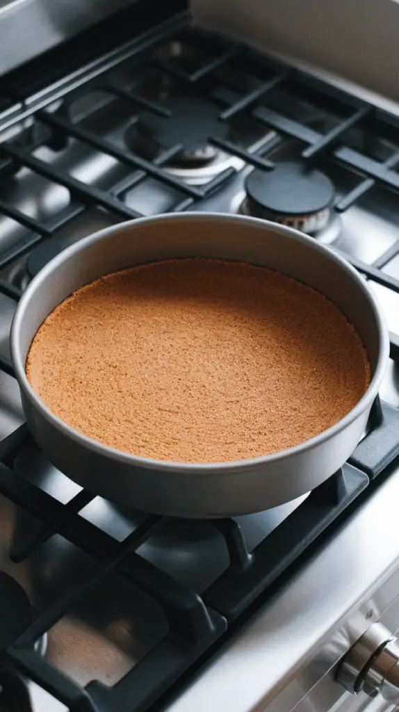 the gingersnap crust pressed evenly into the base of a 9-inch springform pan with firm edges. Crust looks lightly golden after baking. modern stainless steel gas stove, with all-natural lighting