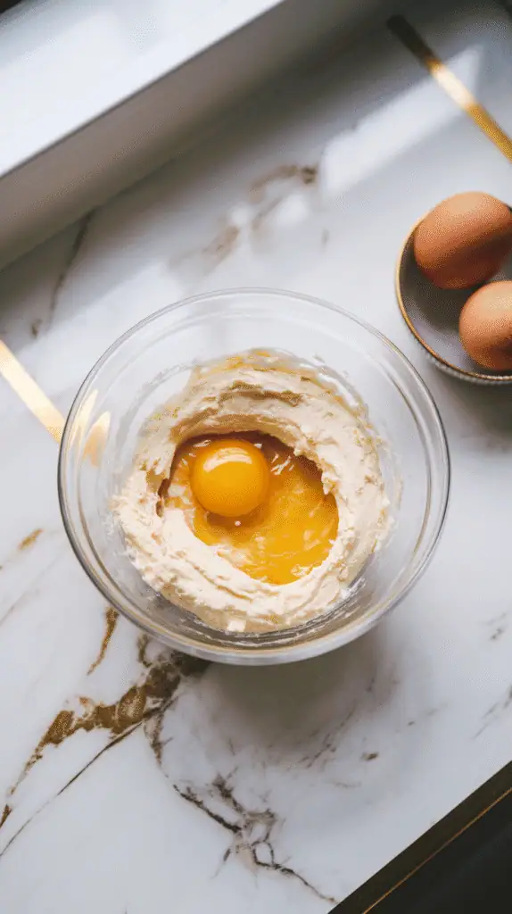 one egg being mixed into the cream cheese mixture, with two eggs still visible in a small bowl nearby. 