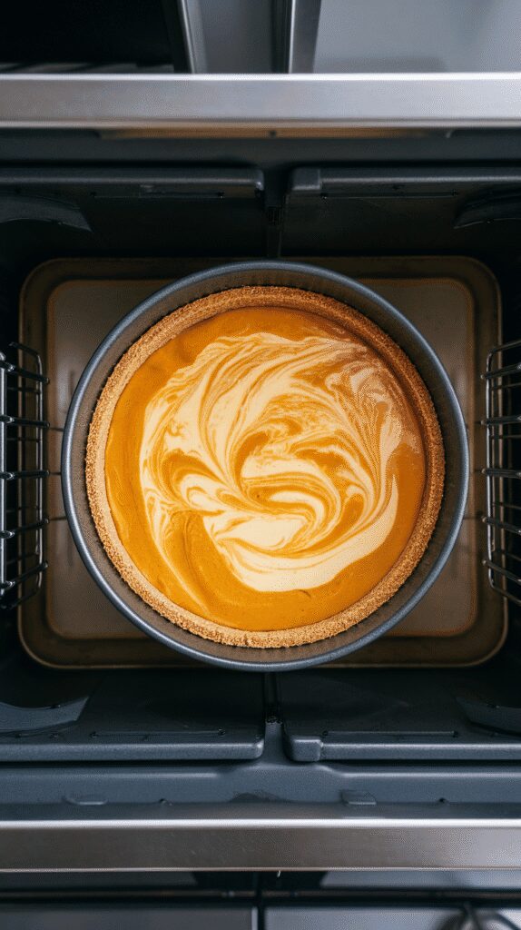  foil-wrapped springform pan in a roasting pan filled with hot water, cheesecake baking gently with slight rise on top