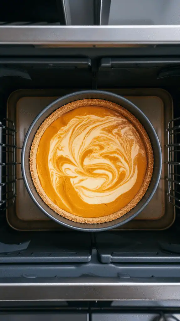  foil-wrapped springform pan in a roasting pan filled with hot water, cheesecake baking gently with slight rise on top