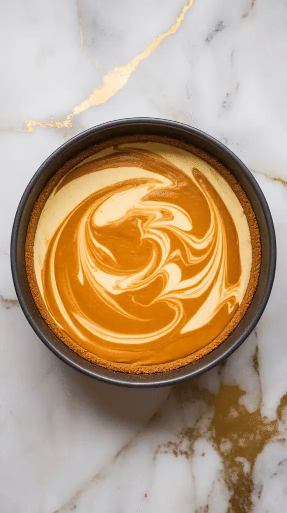cheesecake batter in the crust with pumpkin mixture swirled into it using a butter knife, creating a marbled pattern. 