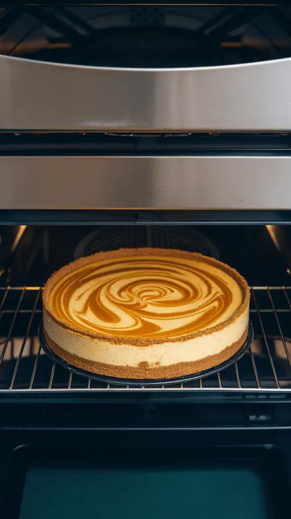 he cheesecake resting in the fridge with slight swirls on top and clean edges, chilling uncovered. modern stainless steel double oven