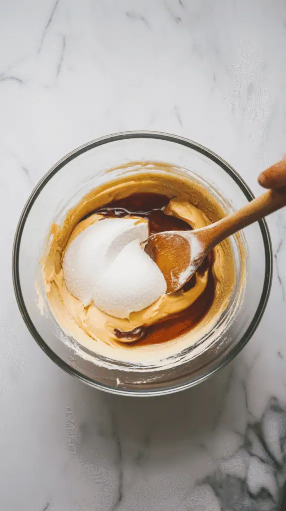 smooth cream cheese mixture with granulated sugar and vanilla extract being mixed in, turning glossy and thick