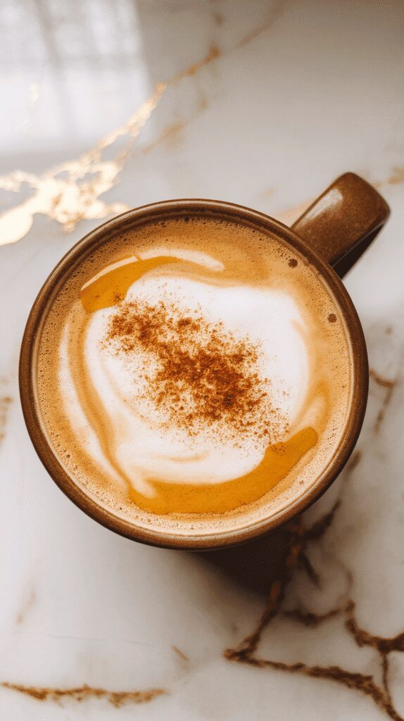 a ceramic mug filled with hot Spiced Honey Latte, soft foam on top, light dusting of cinnamon and a drizzle of honey across the foam, warm golden hue throughout, mug resting on a white marble counter with hints of gold