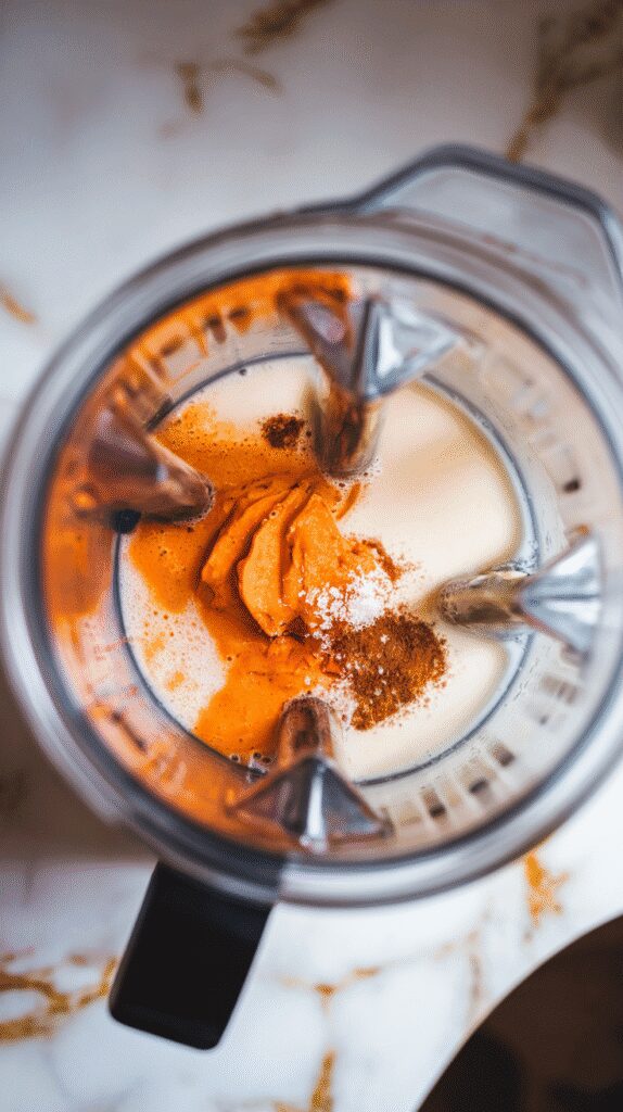 sweet potato, milk, maple syrup, cinnamon, nutmeg, and salt inside a blender jar, orange mixture starting to blend smooth