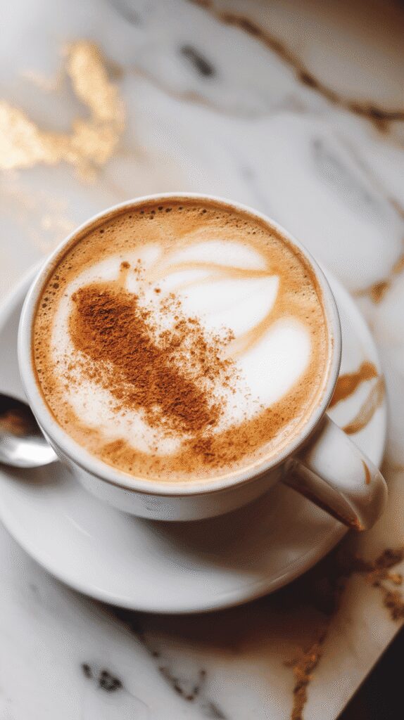 finished sweet potato latte in a white ceramic mug, topped with milk foam and a sprinkle of cinnamon, with a spoon on the saucer