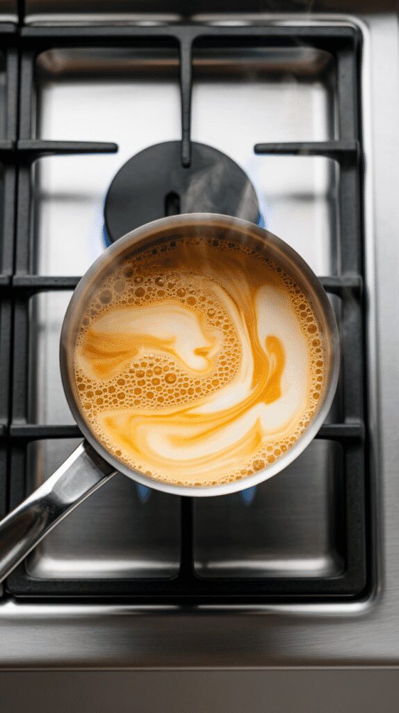  a saucepan with creamy orange sweet potato latte base steaming, small bubbles forming at the edges, on a modern stainless steel gas stove