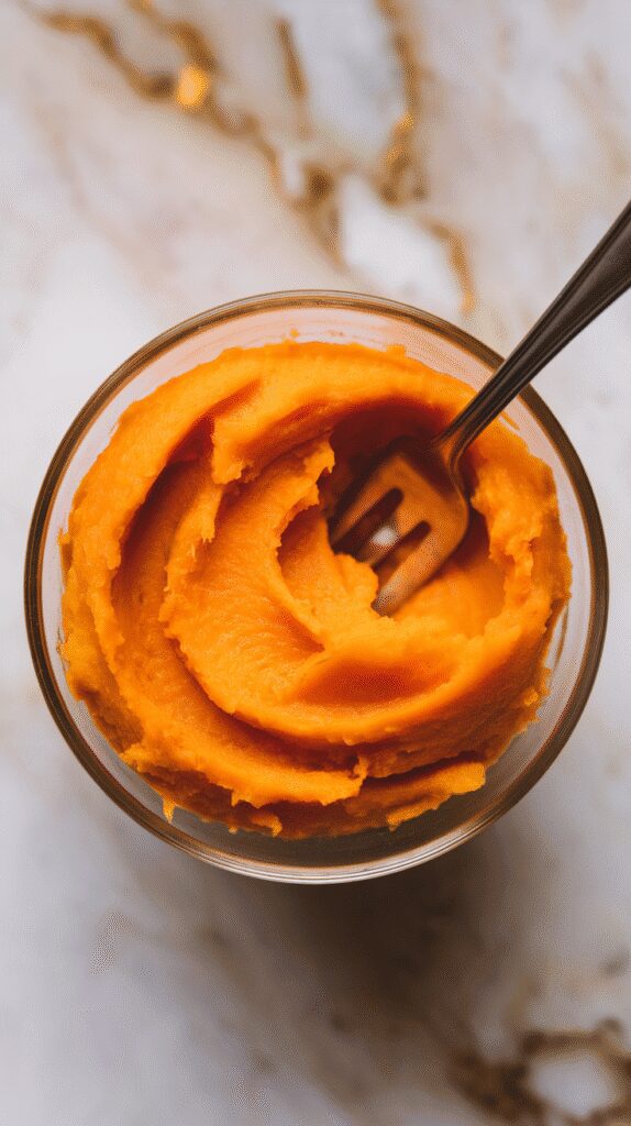mashed orange sweet potato in a small glass bowl with a fork resting inside, smooth and creamy texture, on a white marble counter with hints of gold