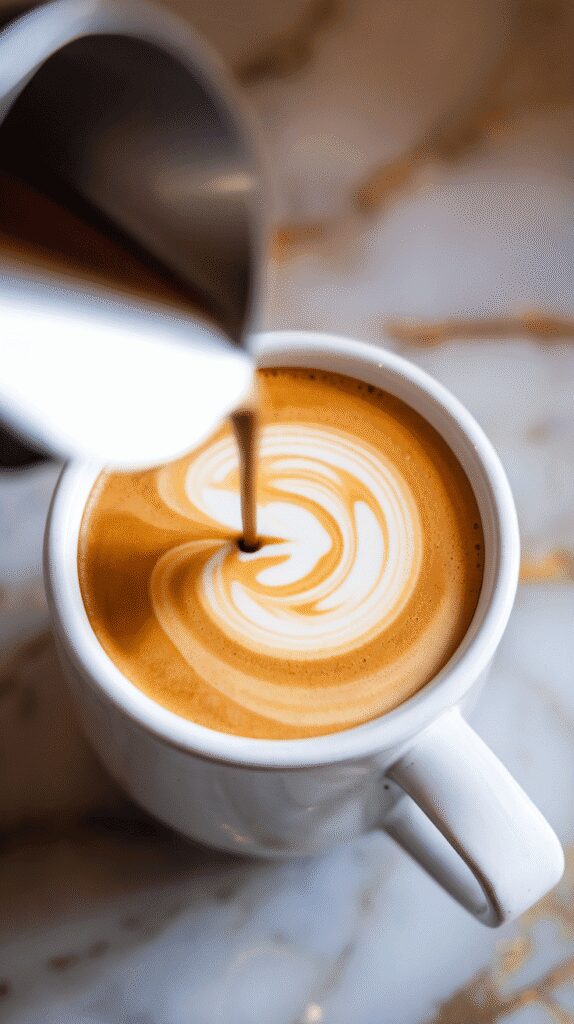  hot espresso being poured into a white mug of creamy orange sweet potato latte base, swirling together