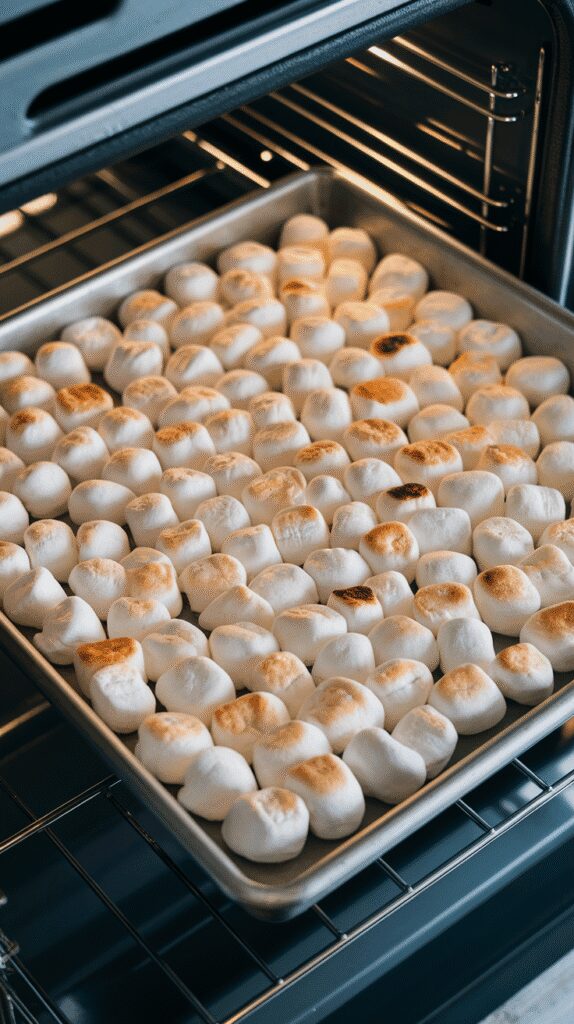mini marshmallows just toasted to golden perfection on a small baking sheet inside the oven, some edges slightly charred, fluffy and puffed, resting in a modern stainless steel double oven