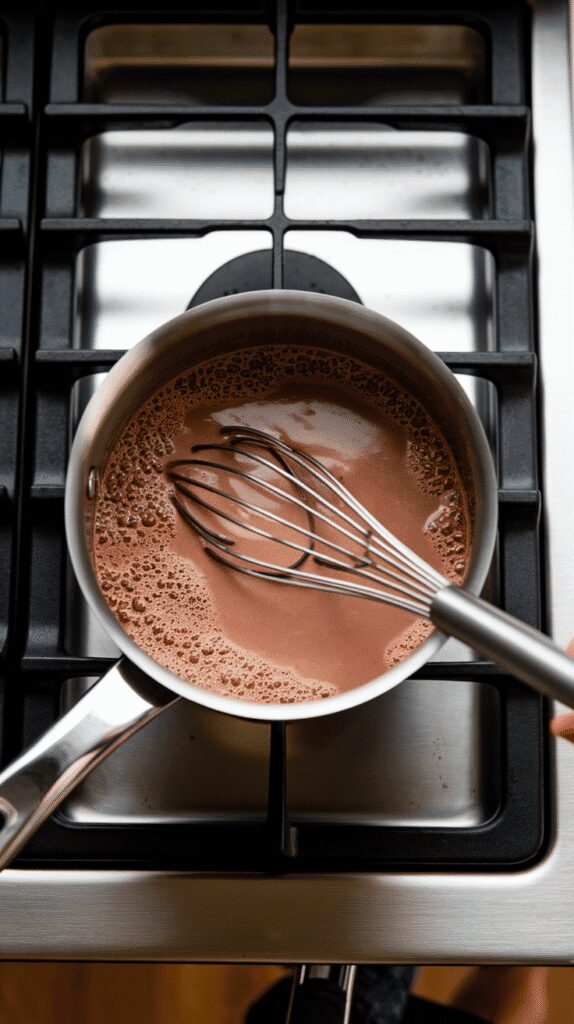 coffee and vanilla being poured into the hot cocoa mixture in the saucepan, showing rich color change and light froth on top, whisk just beginning to stir, set on a modern stainless steel gas stove
