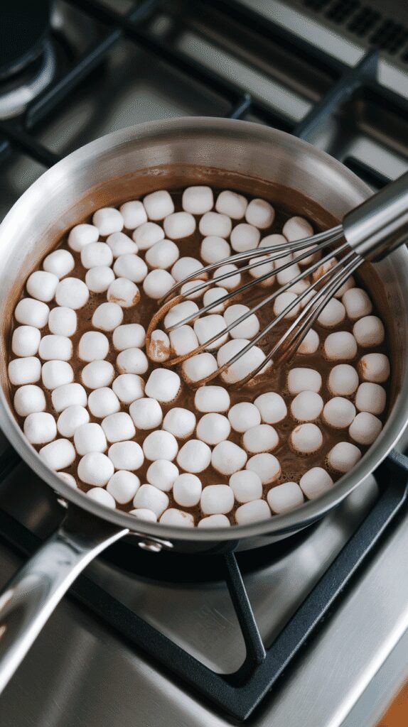 mini marshmallows melting into the hot mocha mixture in the saucepan, some still visible, some gooey and half-melted, forming a slightly thick texture, whisk swirling gently, set on a modern stainless steel gas stove