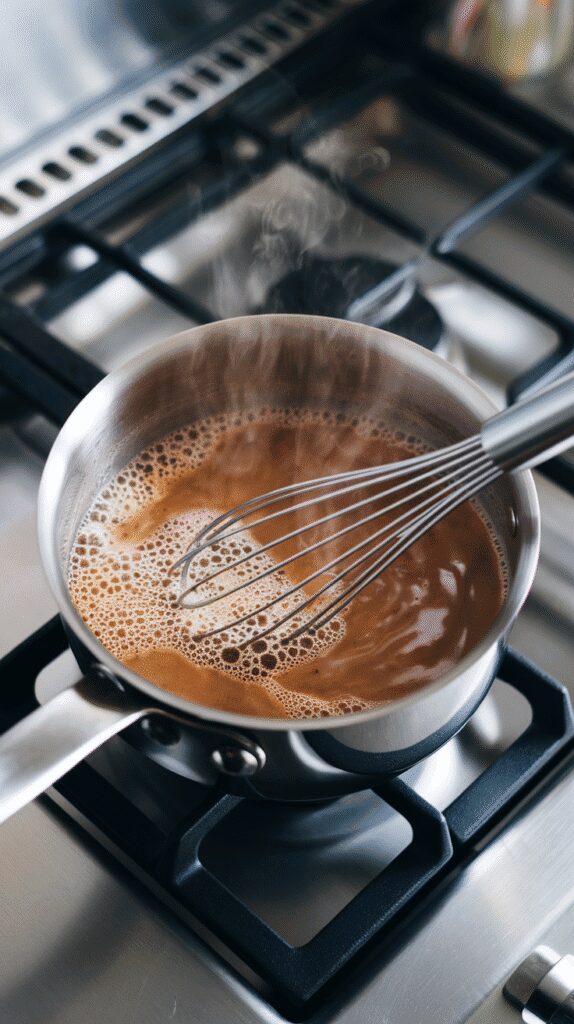 milk mixture in saucepan becoming smooth and slightly frothy, steam rising gently, rich brown color showing it's fully blended, whisk mid-stir, set on a modern stainless steel gas stove