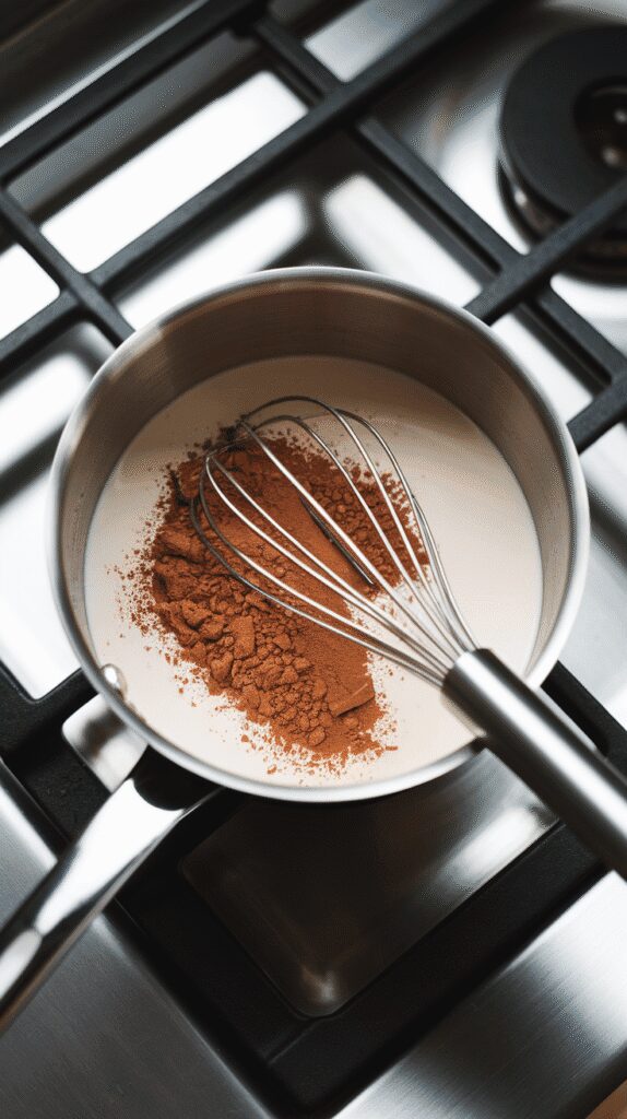 milk, cocoa powder, and sugar combined in a small saucepan but not yet heated, cocoa floating slightly before whisking, whisk resting in the pan, set on a modern stainless steel gas stove