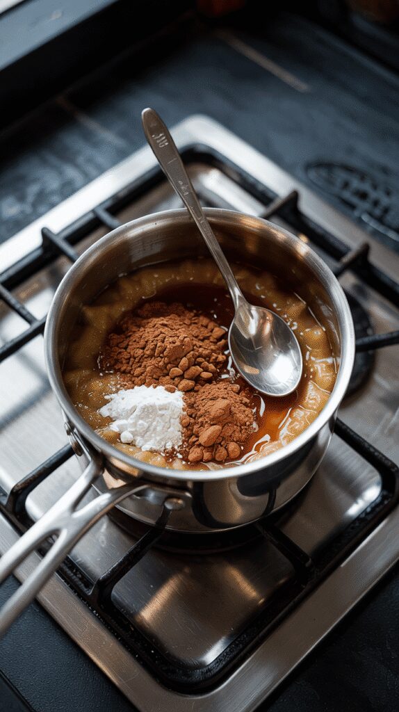 applesauce, cocoa powder, maple syrup, cinnamon, nutmeg, and allspice in a small saucepan, not yet mixed, ingredients sitting layered and textured, spoon ready to stir, set on a modern stainless steel gas stove