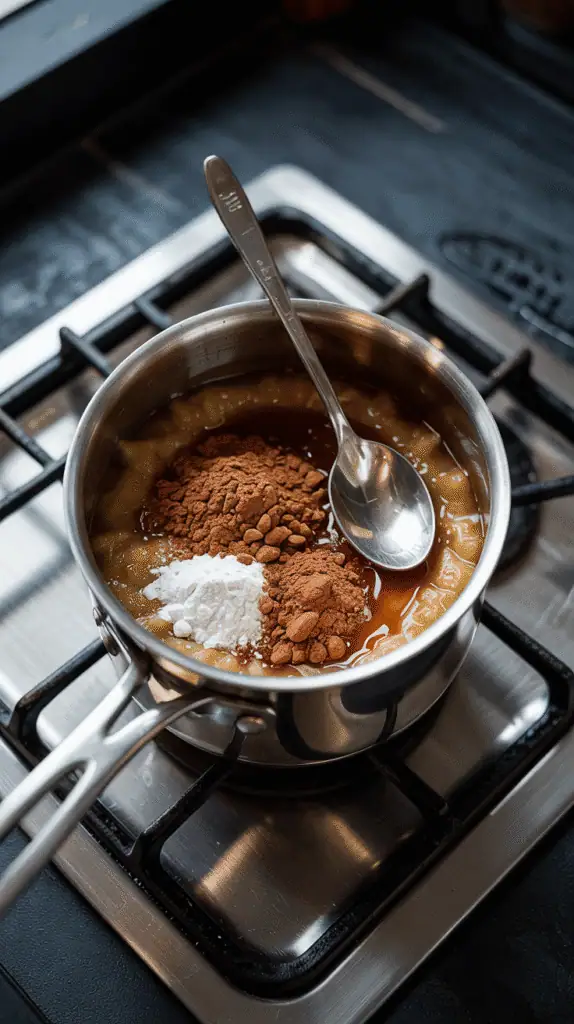 applesauce, cocoa powder, maple syrup, cinnamon, nutmeg, and allspice in a small saucepan, not yet mixed, ingredients sitting layered and textured, spoon ready to stir, set on a modern stainless steel gas stove