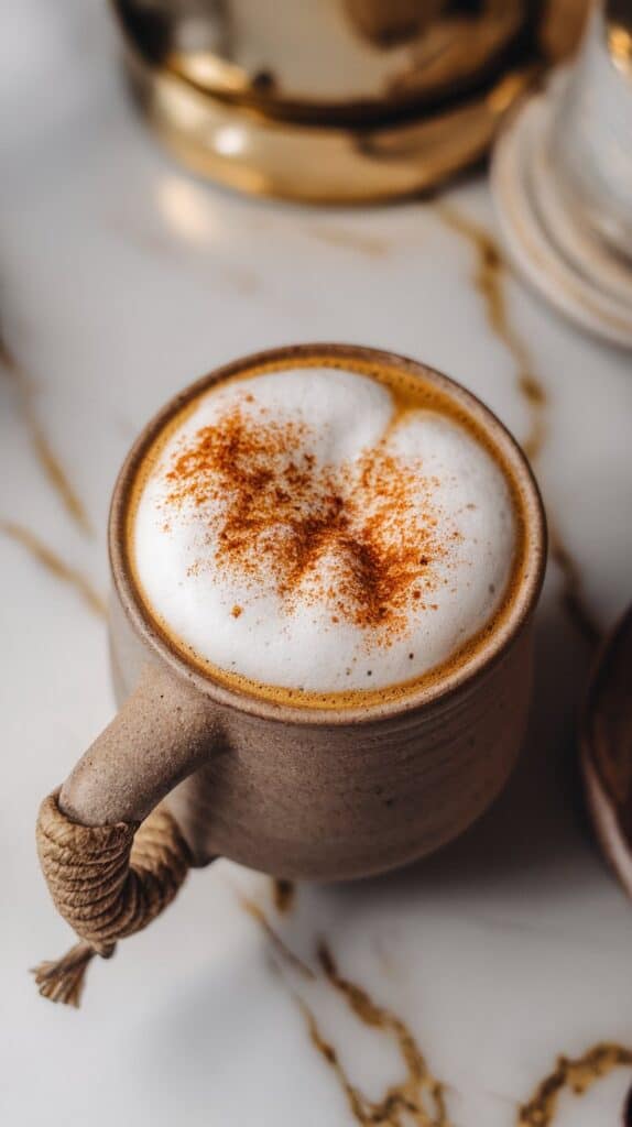 a ceramic mug filled with pumpkin chili coffee, topped with foam and dusted with chili powder, rustic and cozy look, on a white marble counter with hints of gold