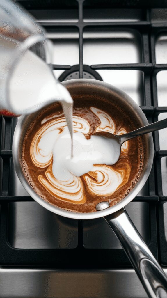milk pouring into the dark gingerbread coffee mix in the saucepan, light creamy swirls forming on top, mix starting to steam with a velvety look, spoon stirring gently, set on a modern stainless steel gas stove