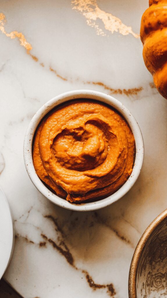 pumpkin puree mixed with cinnamon, nutmeg, and cloves in a small bowl, forming a rich orange spiced filling. white marble counters with hints of gold