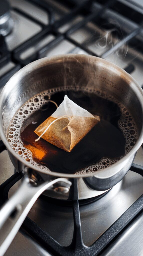 black tea bag steeping in simmering dark gingerbread spice mixture, bubbles around the edges, steam rising slightly, liquid turning darker and more concentrated, set on a modern stainless steel gas stove