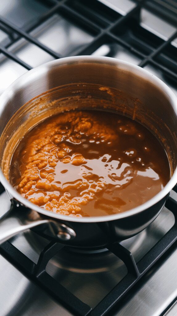 golden brown butter in a saucepan with brown sugar and vanilla extract melting in, caramel-like texture forming
