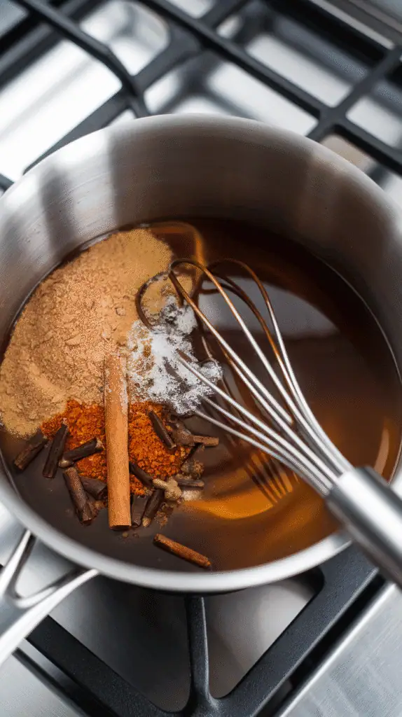 brown sugar, ground ginger, cinnamon, cloves, and water in a small saucepan, ingredients starting to mix but still separate, deep brown molasses streaking through the water, whisk resting on the side