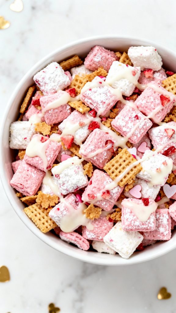 Valentine’s Strawberry Cheesecake Puppy Chow