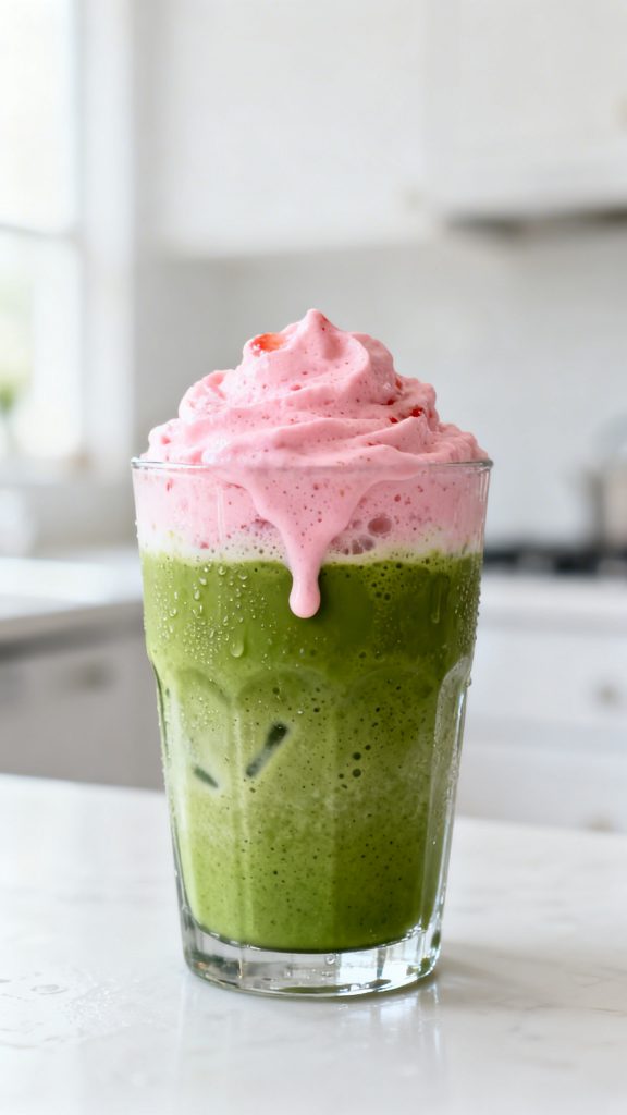 Iced Matcha Latte with Strawberry Cold Foam